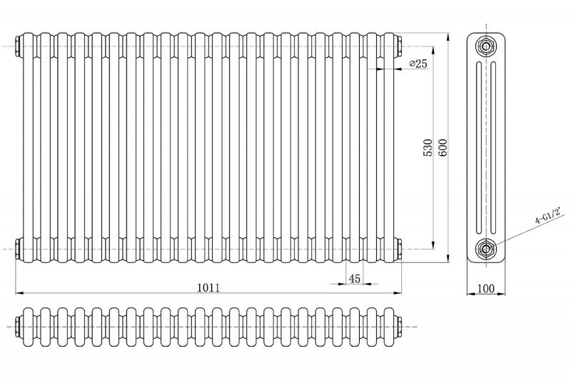 Bayswater Nelson 3-Column Horizontal Radiator 600mm High x 1011mm Wide White