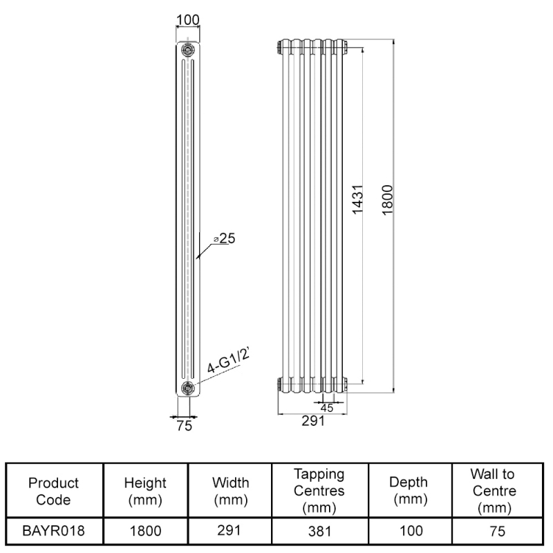 Bayswater Nelson 3-Column Vertical Radiator 1800mm High x 291mm Wide White