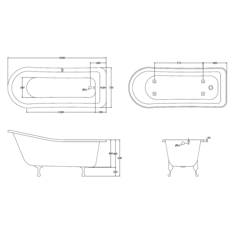 Bayswater Pembridge Freestanding Slipper Bath 1690mm x 730mm