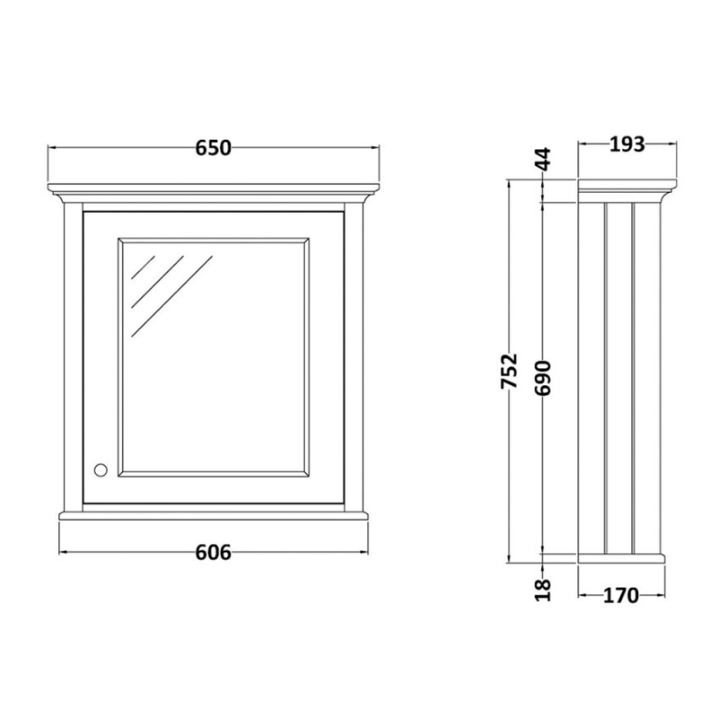 Bayswater Pointing White Bathroom Cabinet 750mm High x 650mm Wide  | Dimension Image