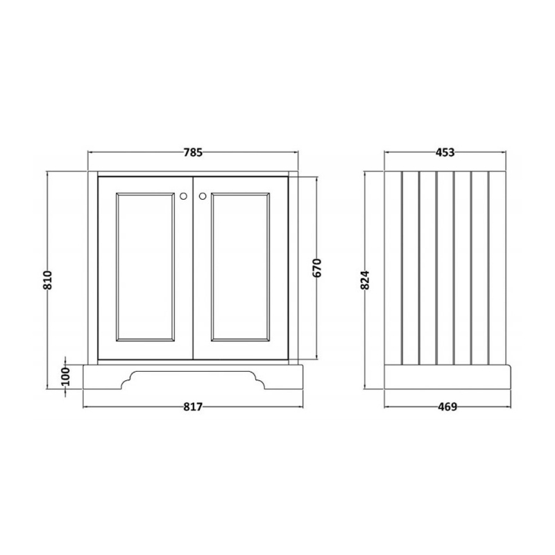 Bayswater Stiffkey Blue 2-Door Vanity Unit 800mm Wide (Excluding Basin)  | Dimension Image