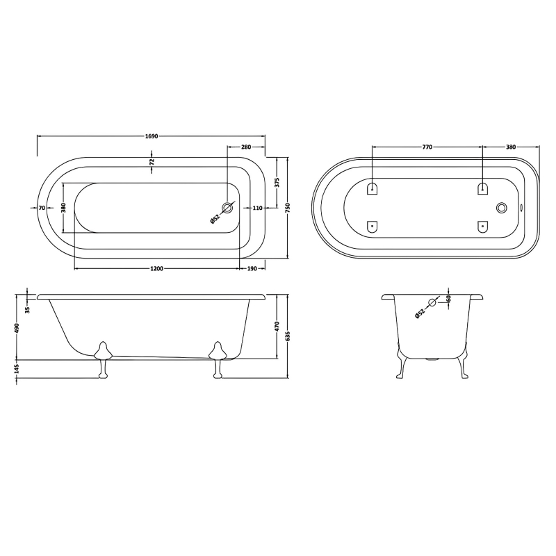 Bayswater Sutherland Single Ended Freestanding Bath 1690mm x 750mm