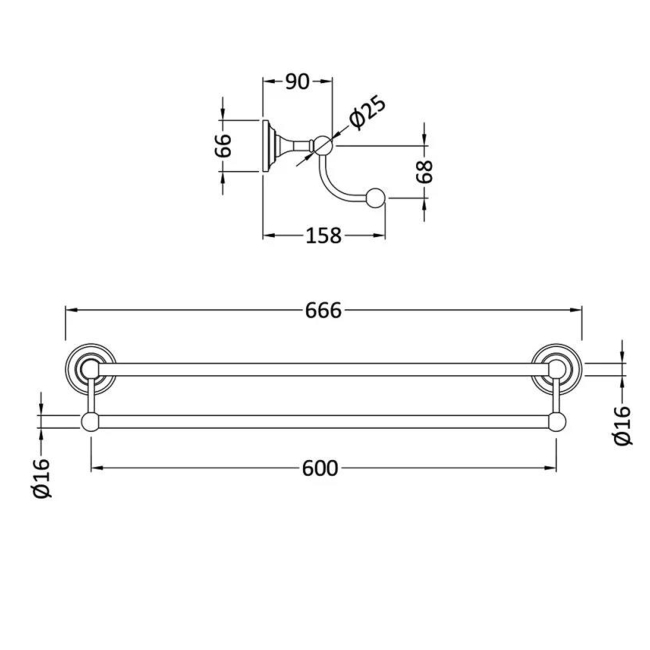 Bayswater Traditional Double Towel Bar Rail Chrome  | Dimension Image