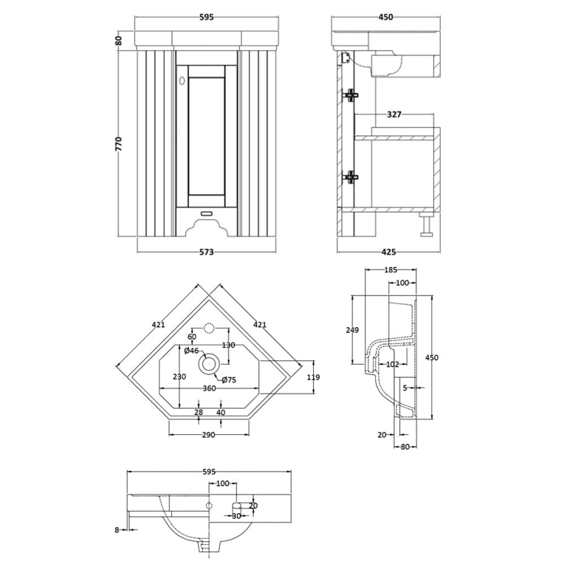 Bayswater Floor Standing 1-Door Corner Vanity Unit with Basin 600mm Wide - Plummett Grey