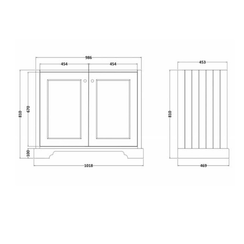 Bayswater Stiffkey Blue 2-Door Vanity Unit 1000mm Wide (Excluding Basin)  | Dimension Image