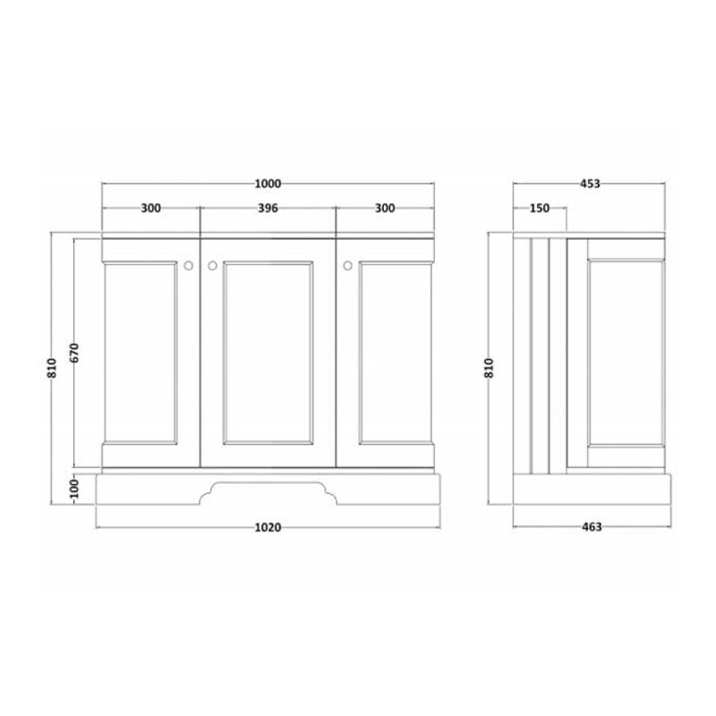 Bayswater Plummett Grey 3-Door Curved Vanity Unit 1000mm Wide (Excluding Basin)  | Dimension Image
