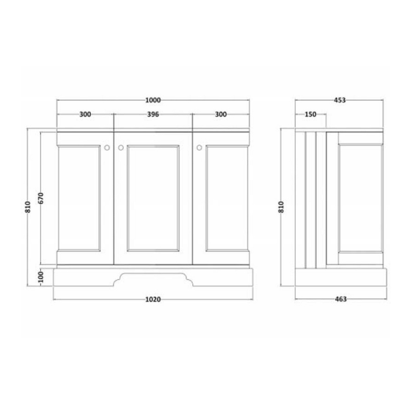 Bayswater Pointing White 3-Door Curved Vanity Unit 1000mm Wide (Excluding Basin)  | Dimension Image