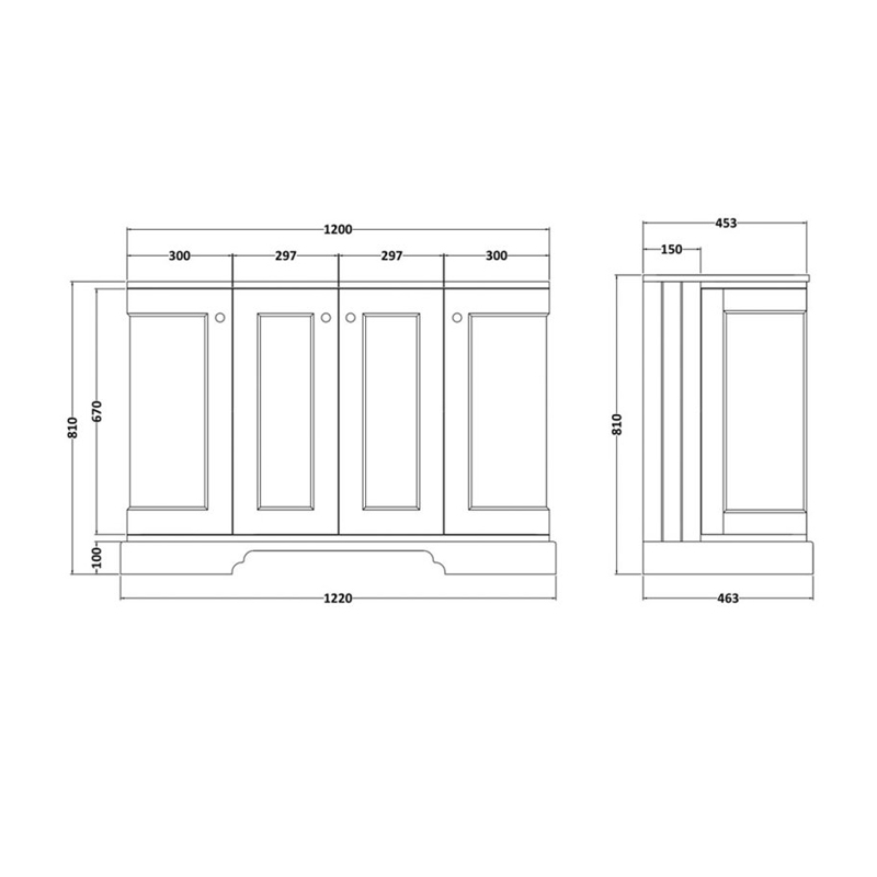 Bayswater Plummett Grey 4-Door Curved Vanity Unit 1200mm Wide (Excluding Basin)  | Dimension Image