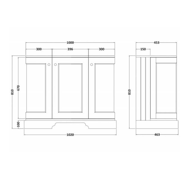 Bayswater Matt Black 3-Door Curved Vanity Unit 1000mm Wide (Excluding Basin)  | Dimension Image