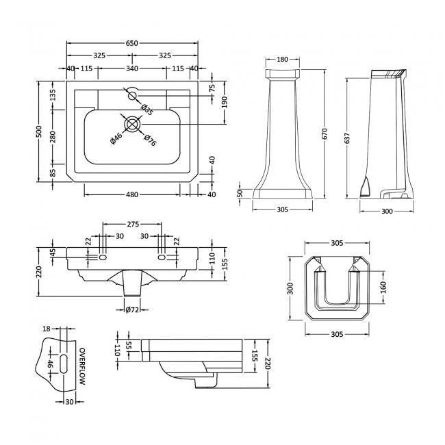 Bayswater Victrion Basin with Full Pedestal 640mm Wide - 1 Tap Hole