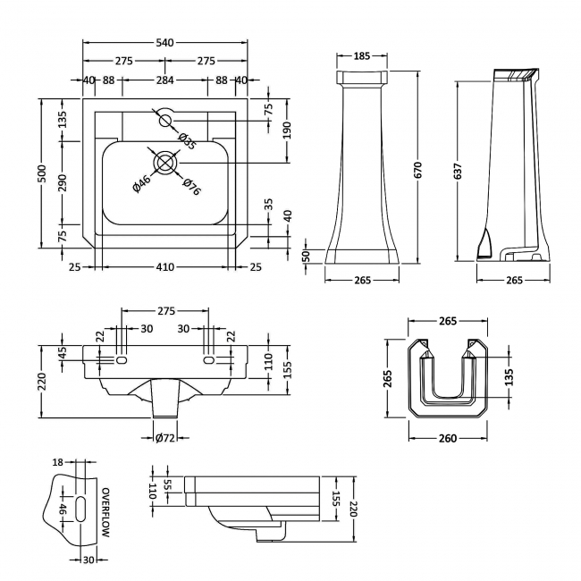 Bayswater Victrion Basin with Full Pedestal 550mm Wide 1 Tap Hole