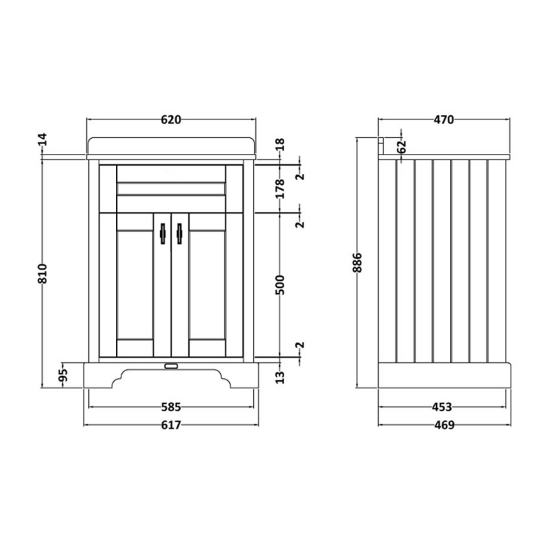 Bayswater Victrion Earl's Grey 2-Door Vanity Unit 620mm Wide (Excluding Basin)  | Dimension Image