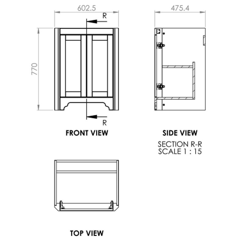 Bayswater Victrion Forest Green 2-Door Vanity Unit 600mm Wide (Excluding Basin)  | Dimension Image