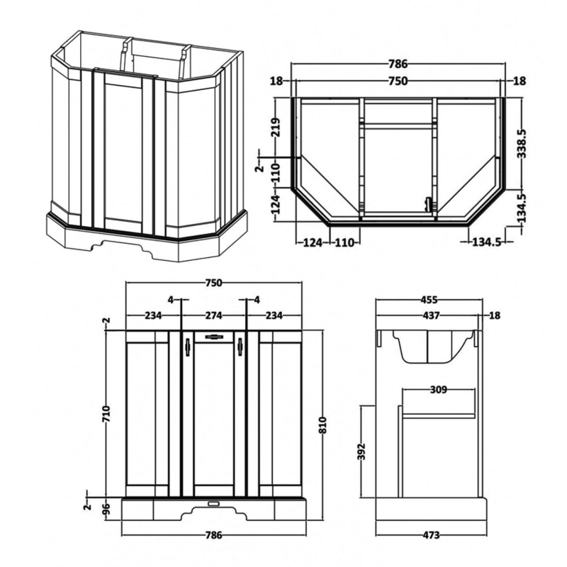 Bayswater Victrion Forest Green 3-Door Vanity Unit 780mm Wide (Excluding Basin)  | Dimension Image