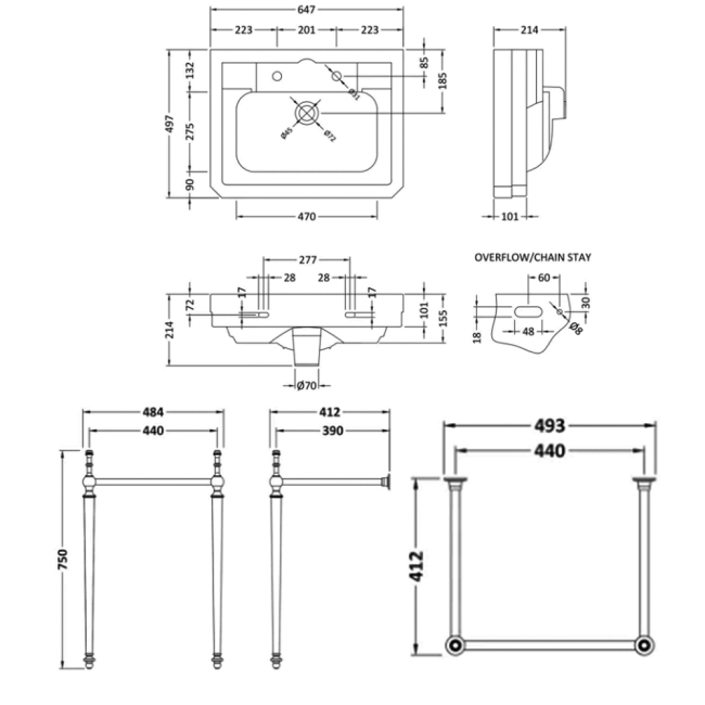 Bayswater Westcott Basin with Wash Stand 640mm Wide - 2 Tap Hole  | Dimension Image