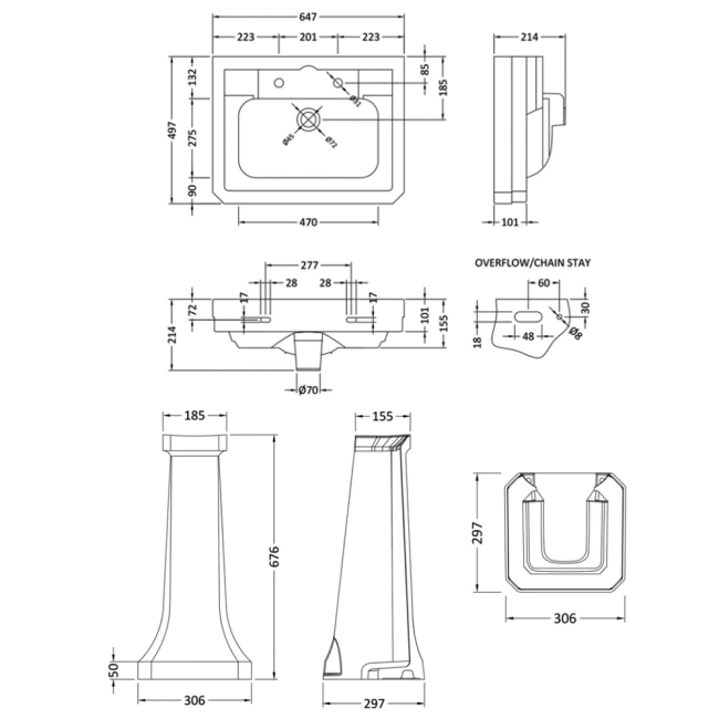 Bayswater Westcott Basin with Full Pedestal 640mm Wide - 2 Tap Hole  | Dimension Image