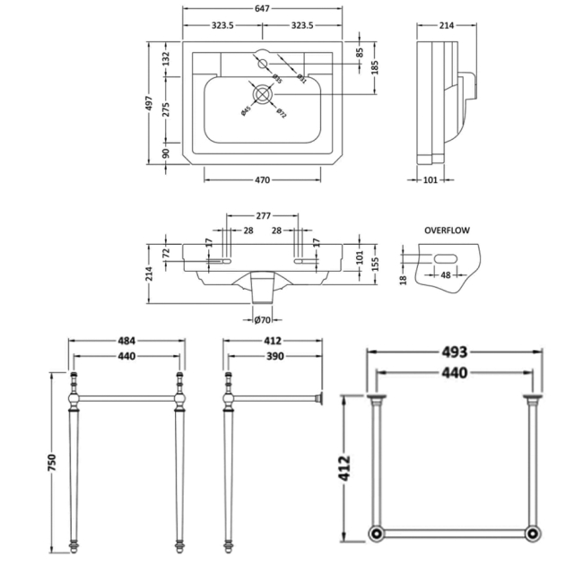 Bayswater Westcott Basin with Wash Stand 640mm Wide - 1 Tap Hole  | Dimension Image