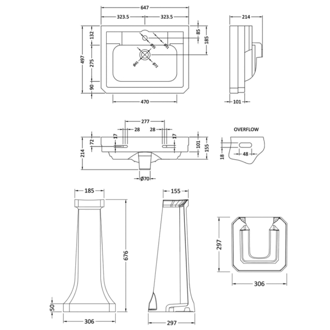 Bayswater Westcott Basin with Full Pedestal 640mm Wide - 1 Tap Hole  | Dimension Image