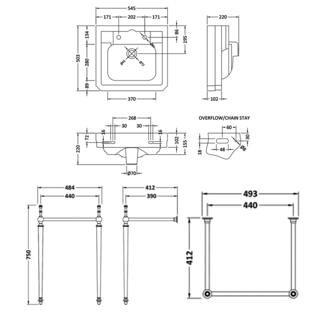 Bayswater Westcott Basin with Wash Stand 550mm Wide - 2 Tap Hole (Excludes Adjustable Towel Rail)  | Dimension Image