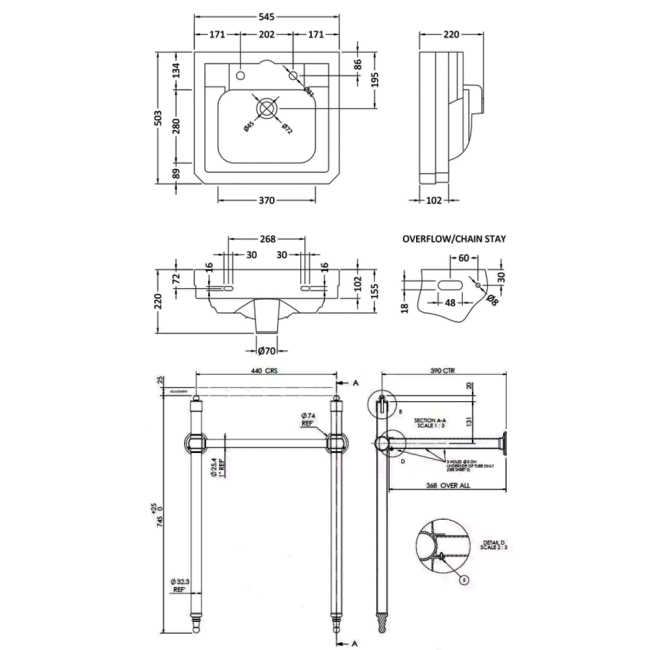 Bayswater Westcott Basin with Frame 550mm Wide - 2 Tap Hole  | Dimension Image