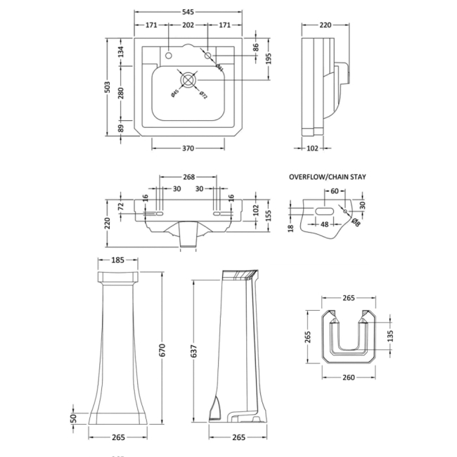 Bayswater Westcott Basin with Full Pedestal 550mm Wide - 2 Tap Hole  | Dimension Image