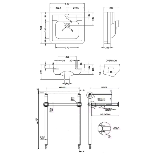 Bayswater Westcott Basin with Frame 550mm Wide - 1 Tap Hole  | Dimension Image