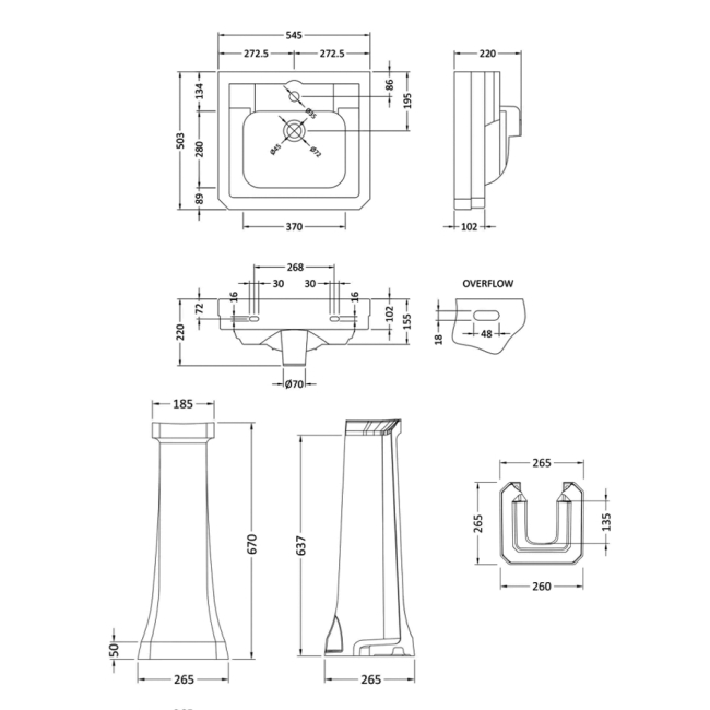 Bayswater Westcott Basin with Full Pedestal 550mm Wide - 1 Tap Hole  | Dimension Image