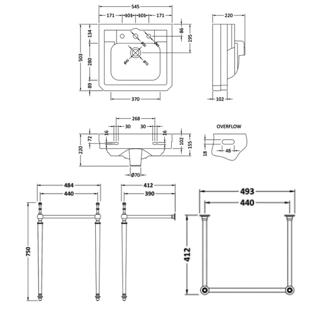 Bayswater Westcott Basin with Wash Stand 550mm Wide - 3 Tap Hole (Excludes Adjustable Towel Rail)  | Dimension Image