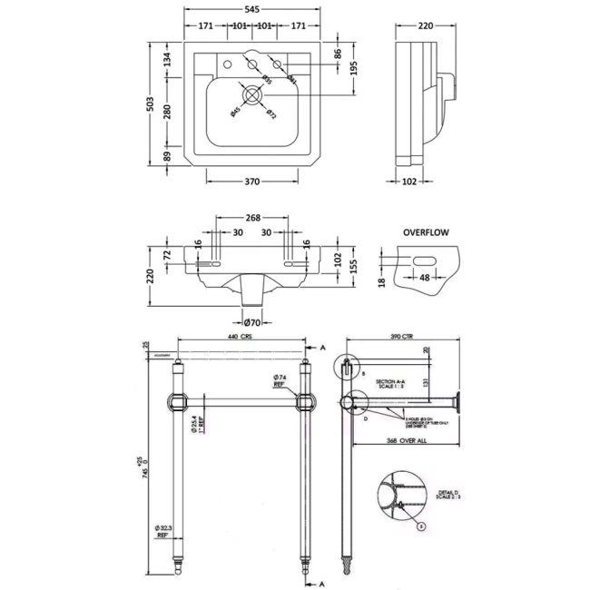 Bayswater Westcott Basin with Frame 550mm Wide - 3 Tap Hole  | Dimension Image