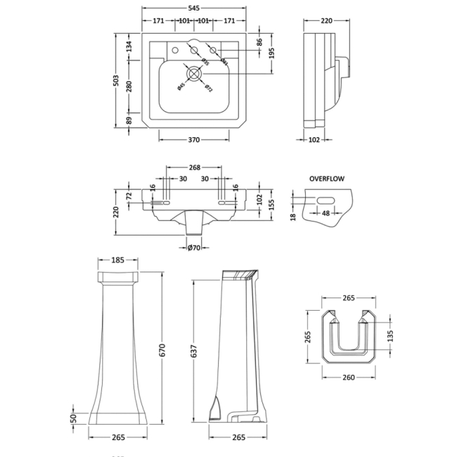 Bayswater Westcott Basin with Full Pedestal 550mm Wide - 3 Tap Hole  | Dimension Image