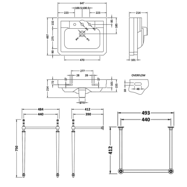 Bayswater Westcott Basin with Wash Stand 640mm Wide - 3 Tap Hole  | Dimension Image