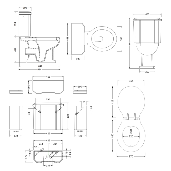Bayswater Westcott Close Coupled Toilet with Lever Cistern - Soft Close Seat (Brushed Brass Seat Hinges)  | Dimension Image