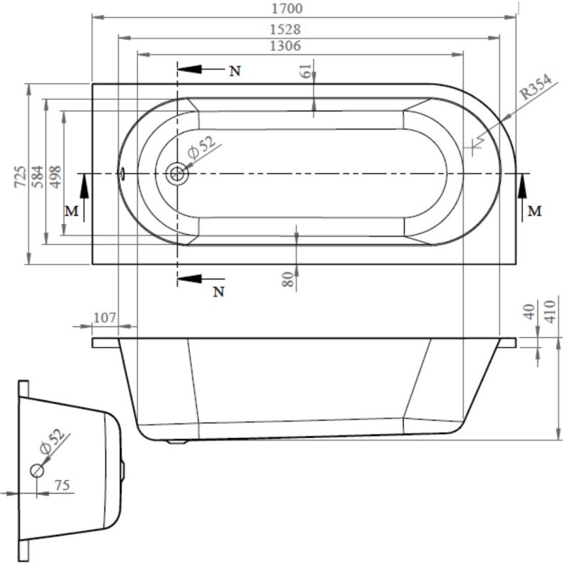 BC Designs Amerina Offset Corner Bath 1700mm x 725mm Right Handed - 0 Tap Hole