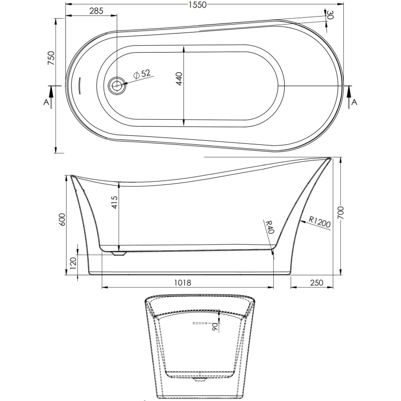 BC Designs Bradwell Freestanding Single Ended Slipper Bath 1550mm x 750mm - 0 Tap Hole
