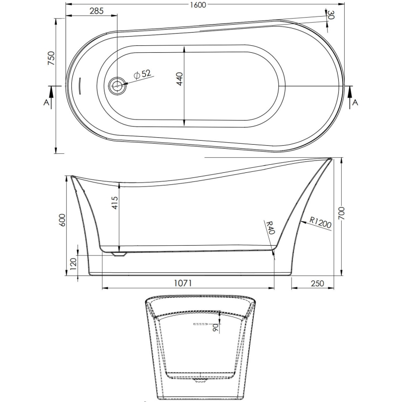 BC Designs Bradwell Freestanding Single Ended Slipper Bath 1600mm x 750mm - 0 Tap Hole