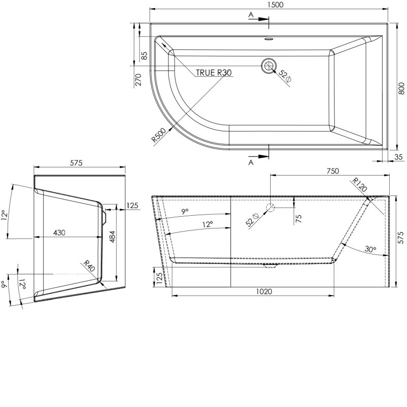 BC Designs Calverton Offset Corner Bath BAE014 1500mm x 800mm Acrylic