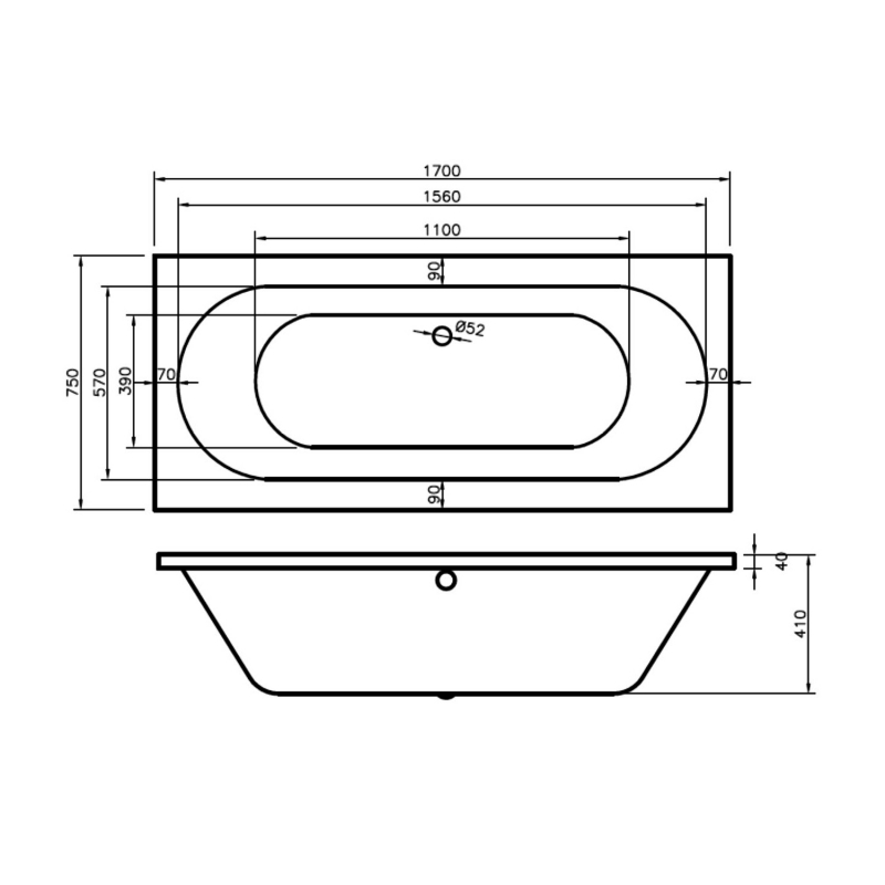 BC Designs Lambert Rectangular Double Ended Bath 1700mm x 750mm - 0 Tap Hole