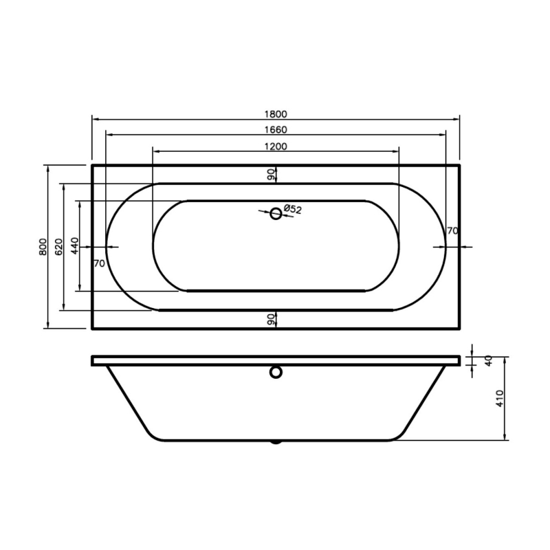 BC Designs Lambert Rectangular Double Ended Bath 1800mm x 800mm - 0 Tap Hole