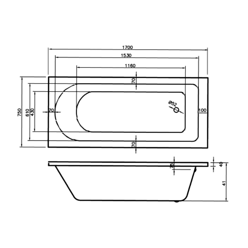 BC Designs Lambert Rectangular Single Ended Bath 1700mm x 750mm - 0 Tap Hole