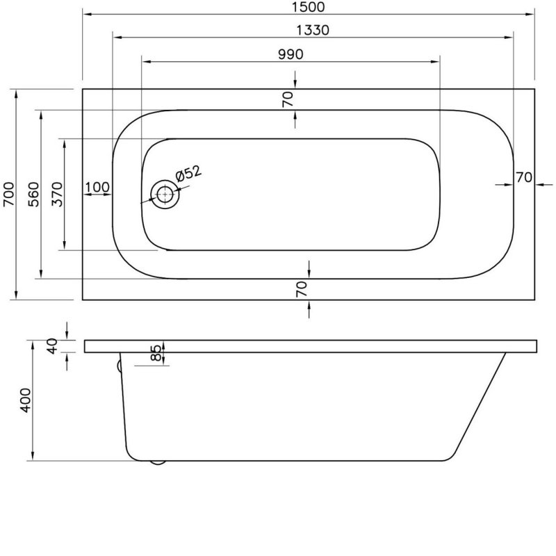 BC Designs Modica Solidblue Rectangular Single Ended Bath 1500mm x 700mm - 0 Tap Hole