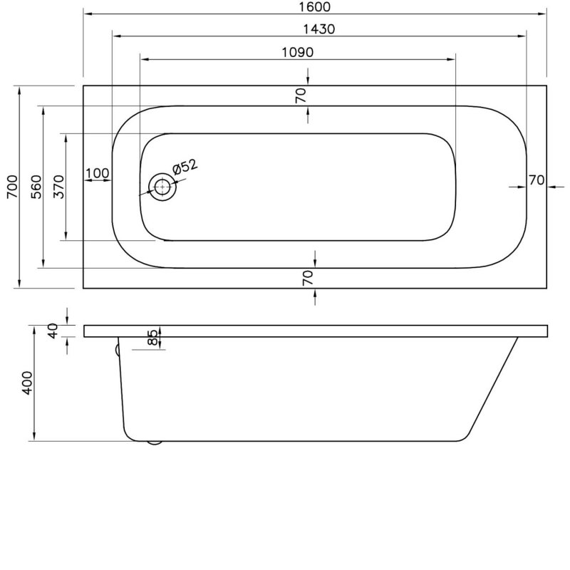 BC Designs Modica Solidblue Rectangular Single Ended Bath 1600mm x 700mm - 0 Tap Hole