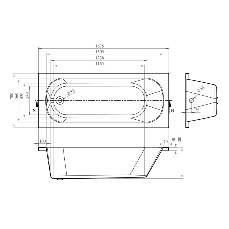 BC Designs Modica Solidblue Rectangular Single Ended Bath 1675mm x 700mm - 0 Tap Hole