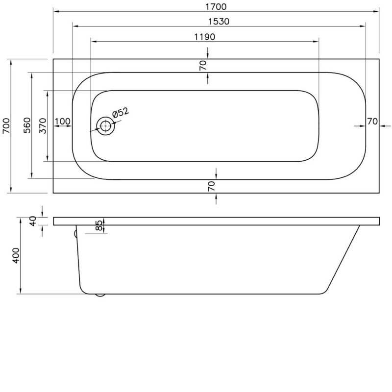 BC Designs Modica Solidblue Rectangular Single Ended Bath 1700mm x 700mm - 0 Tap Hole