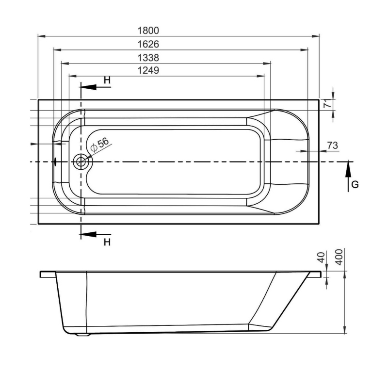 BC Designs Modica Solidblue Rectangular Single Ended Bath 1800mm x 800mm - 0 Tap Hole