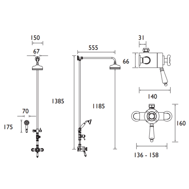 Bristan 1901 Dual Exposed Mixer Shower with Shower Kit and Fixed Head  | Dimension Image