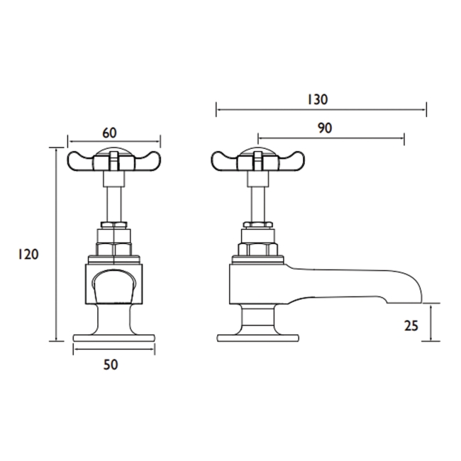 Bristan 1901 Basin Pillar Taps with Ceramic Disc Valves - Chrome  | Dimension Image