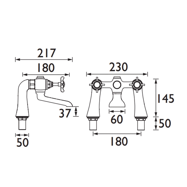 Bristan 1901 Bath Filler Tap with Ceramic Disc Valves - Chrome  | Dimension Image
