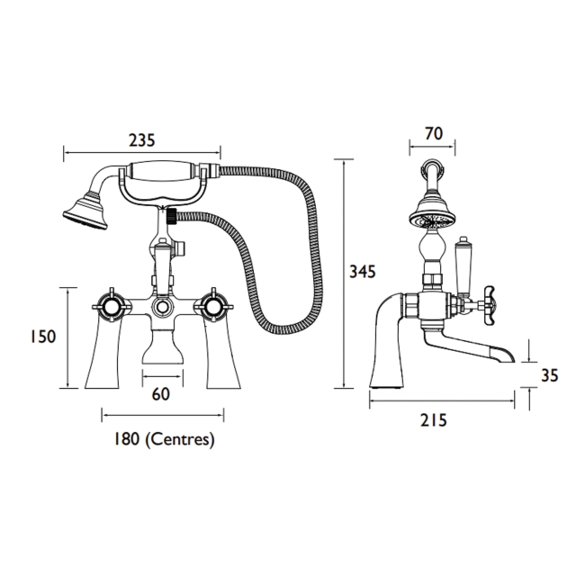 Bristan 1901 Pillar Bath Shower Mixer Tap with Ceramic Disc Valves - Chrome  | Dimension Image