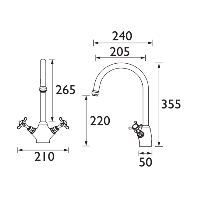 Bristan 1901 Easyfit Kitchen Sink Mixer Tap - Chrome  | Dimension Image
