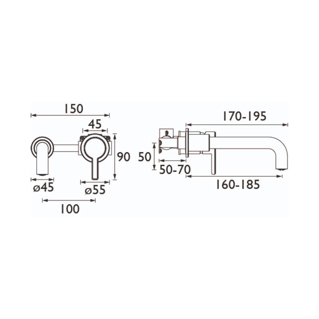 Bristan Altum Basin Mixer Tap Wall Mounted - Black  | Dimension Image